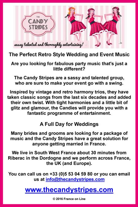 The Candy Stripes,retro music,wedding music,event music,party music,vintage,harmony,trios,classic songs,weddings,brides and grooms,Riberac,Dordogne,south west France,UK,Europe